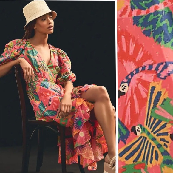 Farm Rio Macaw Ruffled Wrap Dress  100% Cotton In Coral Size XXS - Picture 5 of 16
